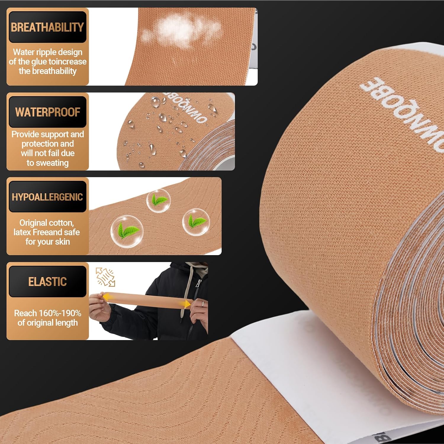 Detalle 2 de OWNQOBE Kinesiology Tape, 40 Precut Waterproof Cotton Strips
