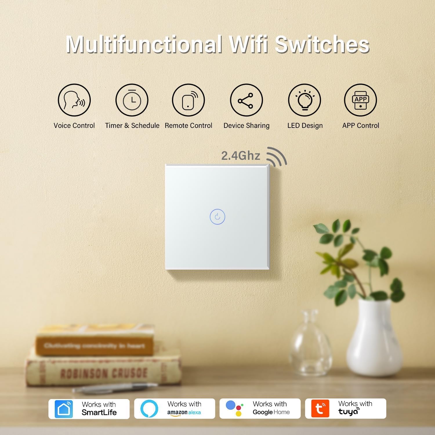 Thumbnail 1 de BSEED Smart Light Switch (WiFi touch, glass panel) — no neutral wire, 1-gang 1-way, 2-pack