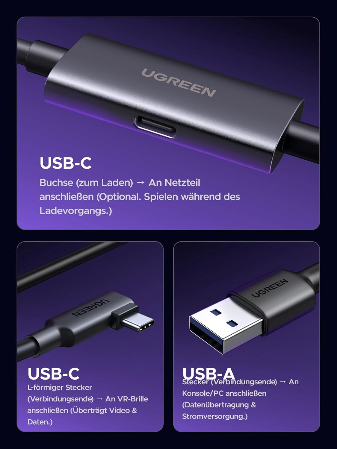 Thumbnail 6 de UGREEN Link-Kabel mit Ladefunktion (18W, 5m) für Meta Quest 3/3S & Quest 2/Pro – USB 3.0 A auf USB‑C VR‑Kabel