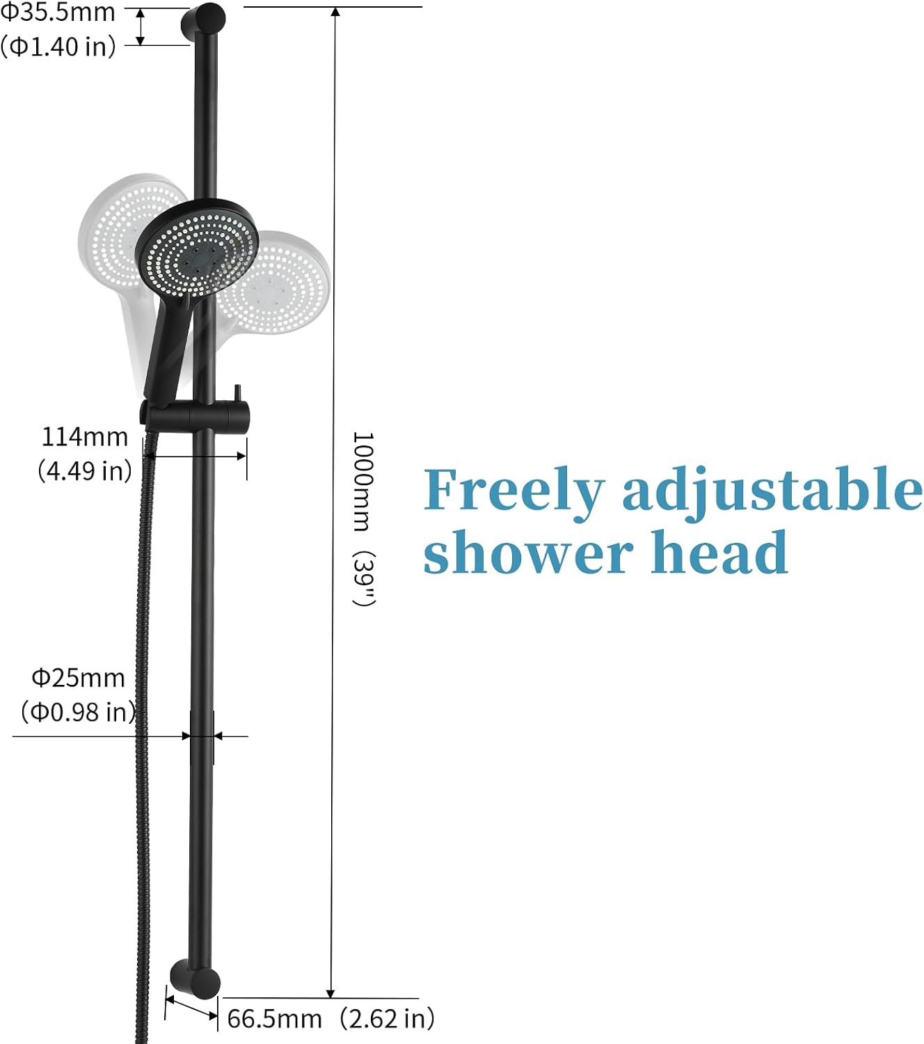 Thumbnail 5 de OFFO W00409 Shower Slide Bar with 6 Spray Modes, 100cm Rail, Matte Black