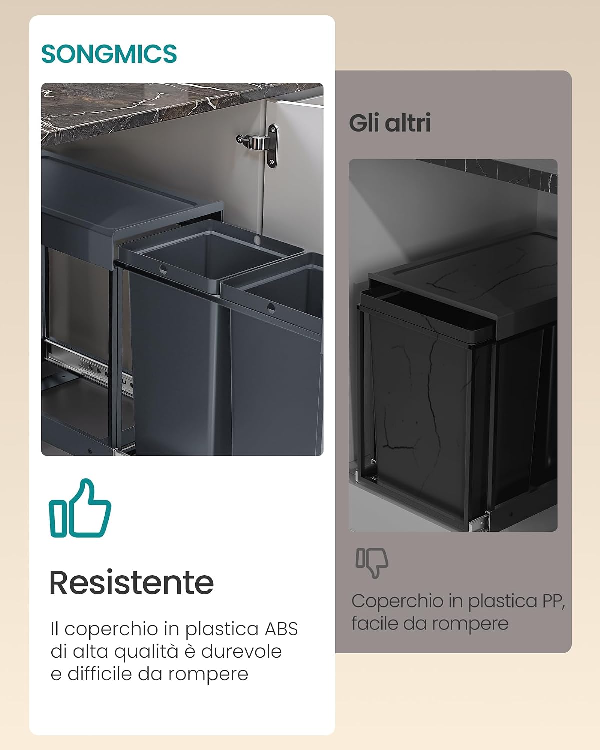 Detalle 2 de SONGMICS Pattumiera da Cucina per Raccolta Differenziata, 2x15 L, Cestino Estrabile per Mobile, Estraibile con Guide in Acciaio