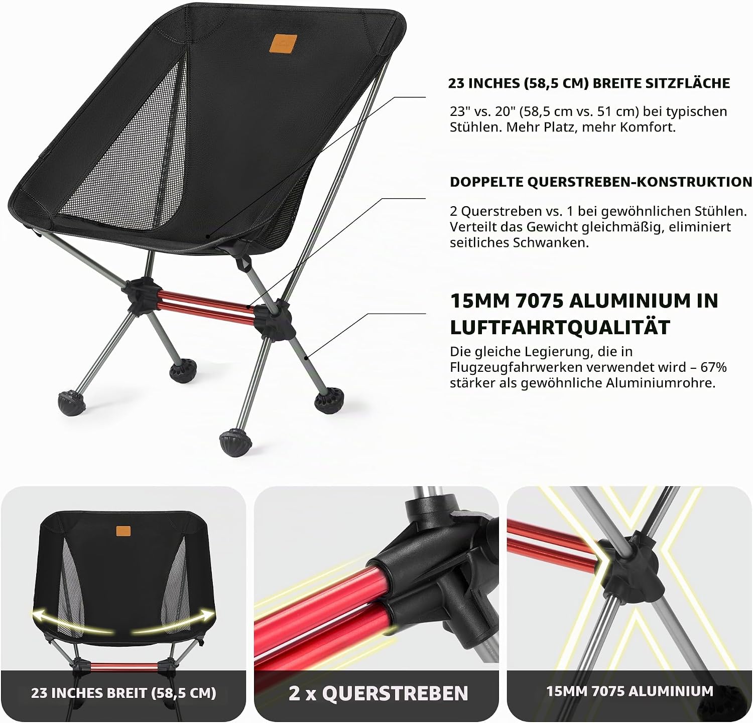 Detalle de Naturehike Campingstuhl Faltbar – ultraleicht & kompakt (Schwarz)