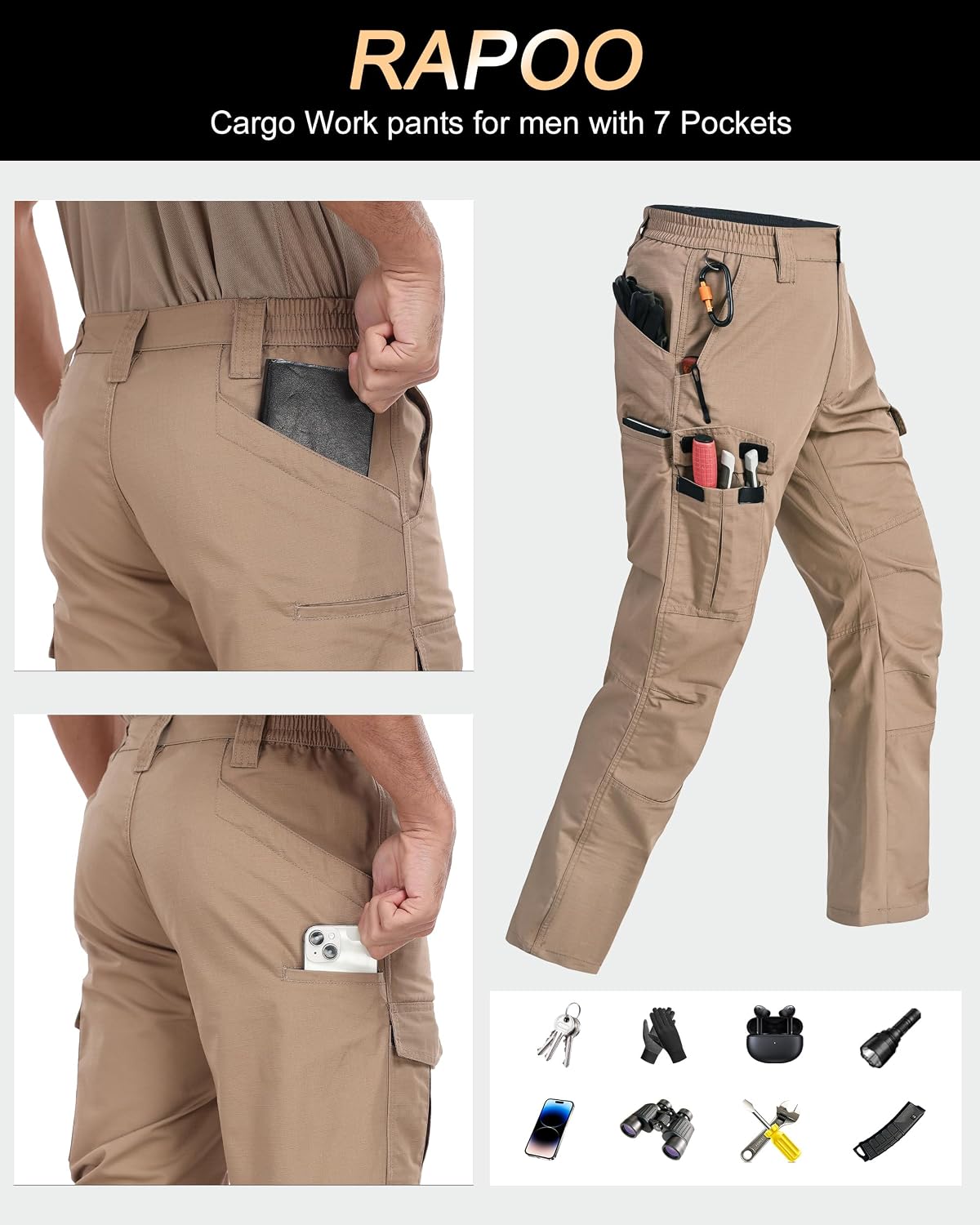 Detalle de Men’s Cargo Pants Ripstop Water-Resistant Breathable Tactical Hiking Pants with 7 Pockets