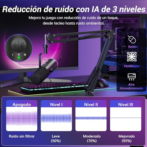 Detalle de TONOR TD510 AIR H+ Microfono de Gaming Dinámico: para PC, USB/XLR y RGB ajustable