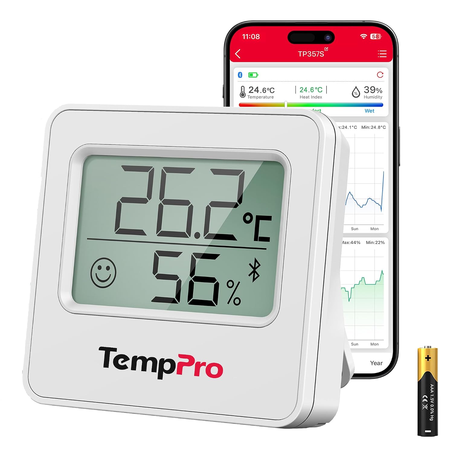 Detalle de TempPro TP357 kamerthermometer met hygrometer, Bluetooth en appgrafiek