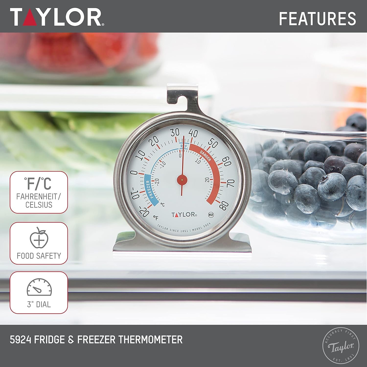Detalle 2 de Taylor 5924 Large Dial Refrigerator Thermometer 3"