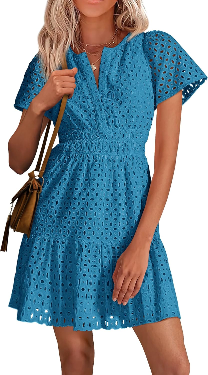 Detalle de PRETTYGARDEN Womens 2026 Summer Short Dress with V-Neck Lace Detail