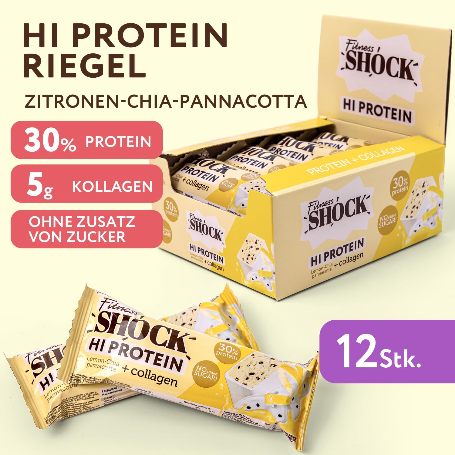 Thumbnail 2 de FitnesSHOCK Proteinriegel-Set mit 12 g Eiweiß pro Riegel (30 %) – Zitronen-Chia-Pannacotta, zuckerfrei, 12er-Pack
