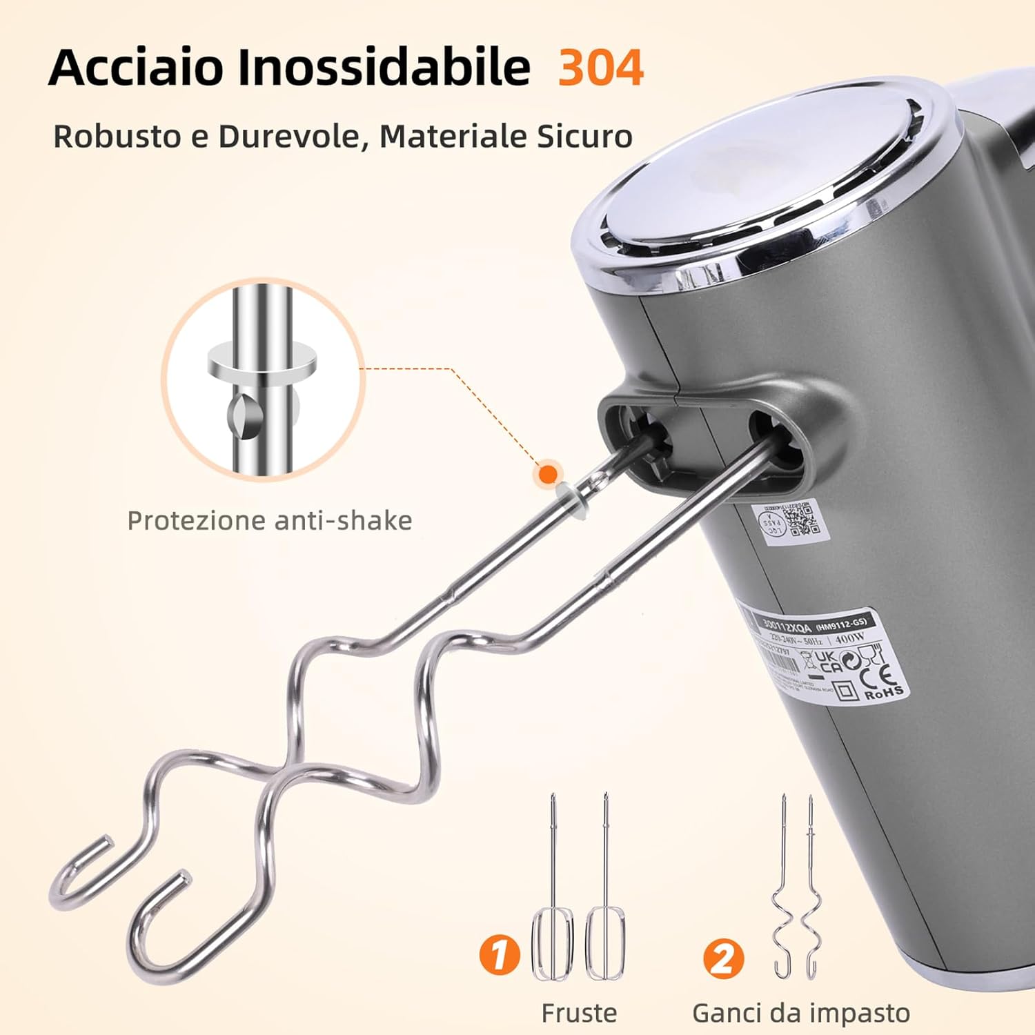 Thumbnail 2 de Aigostar Sbattitore Elettrico Adela: Fruste Professionali 400W con 5 Velocità + Turbo, Supporto e Accessori inox