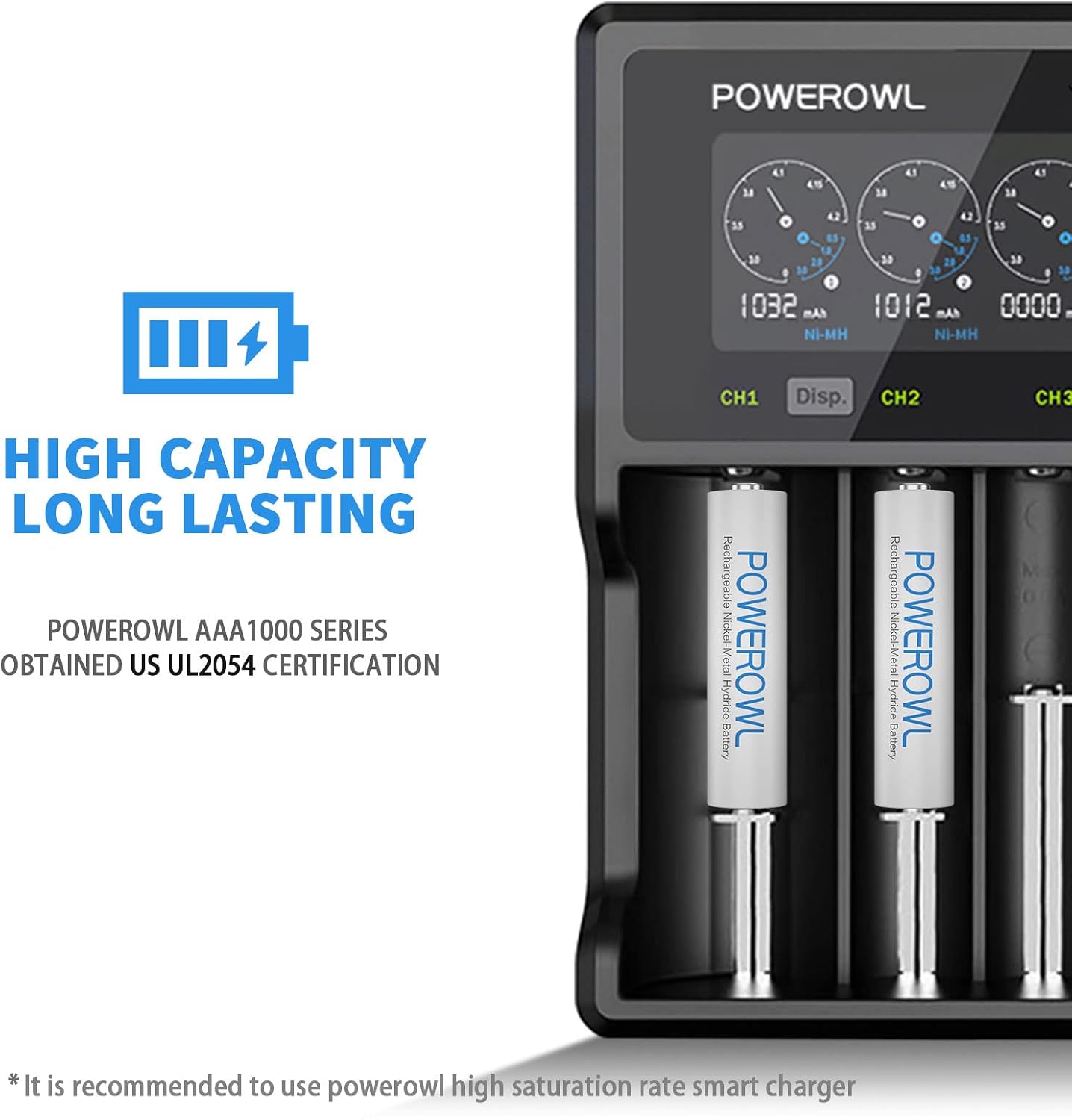 Detalle de POWEROWL AAA1000 HR03 Rechargeable AAA NiMH Batteries, 1,000mAh, 12-Pack