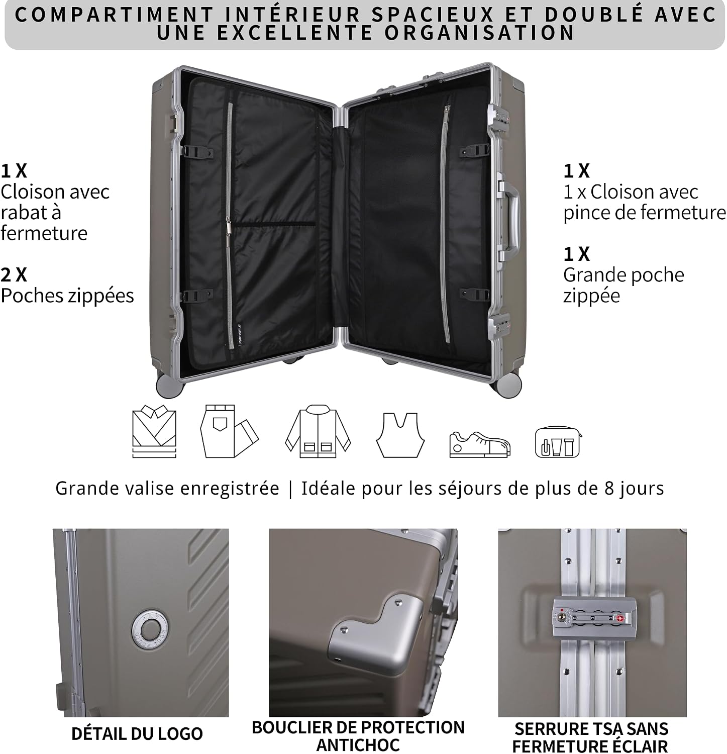 Detalle de 100% Polycarbonate Zipperless Large Suitcase (Khaki Grey) with Double TSA Locks and 4 Wheels