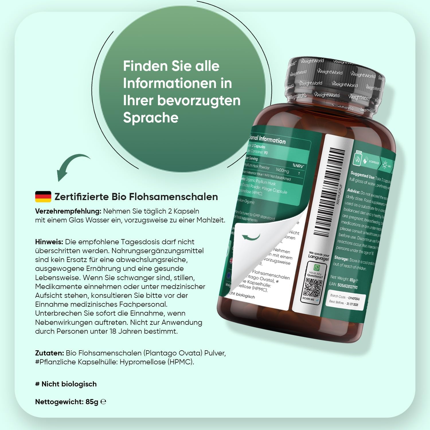 Thumbnail 3 de Bio Flohsamenschalen Kapseln 1400 mg pro Portion (Psyllium Husk) – 180 vegane Kapseln, 3 Monate Vorrat