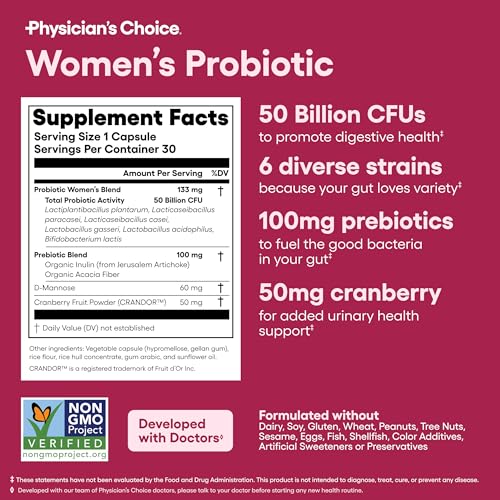 Detalle 2 de Physician's CHOICE Probiotics for Women – 50 Billion CFU, 6 Strains, Cranberry & Organic Prebiotics
