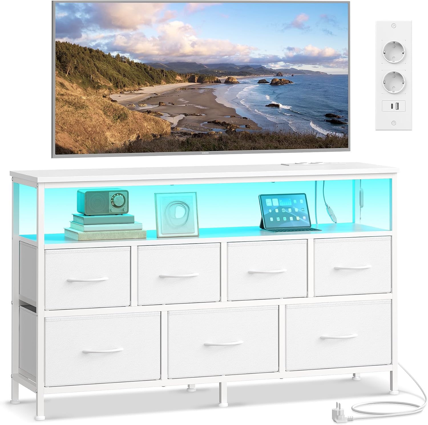 Detalle de SONGMICS BELLAH LGS733WH01 commode met led, stopcontacten en 7 stoffen laden