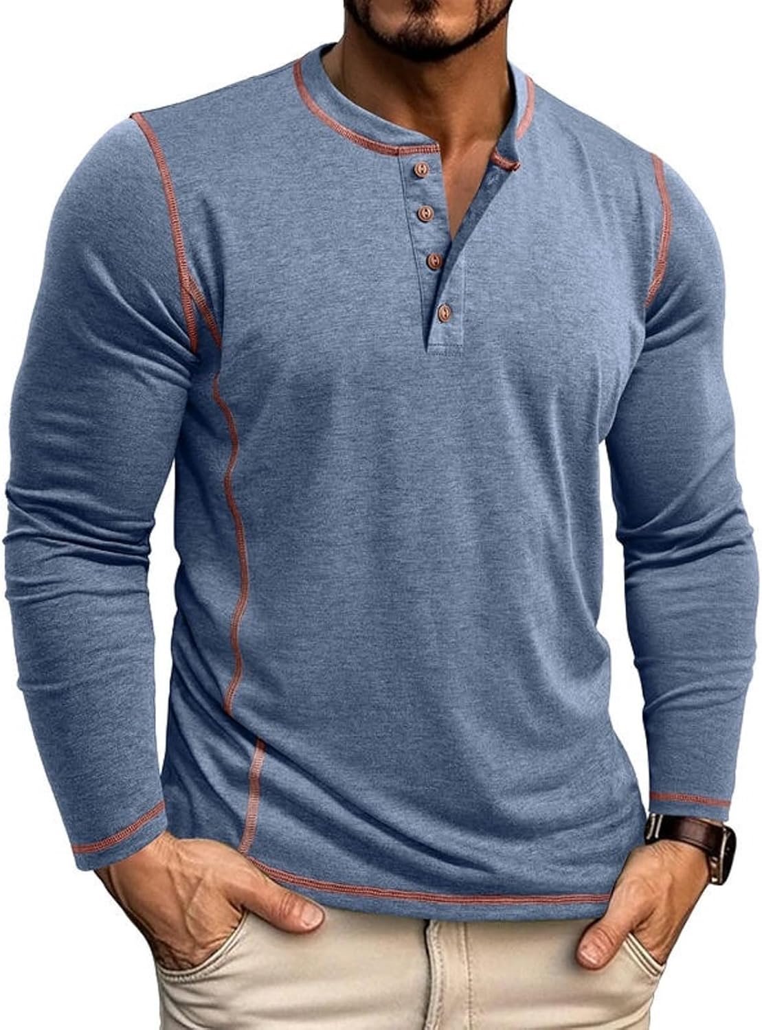 Detalle de LAOARA heren-T-shirt met lange mouwen, Henley en rolkraag, M-2XL