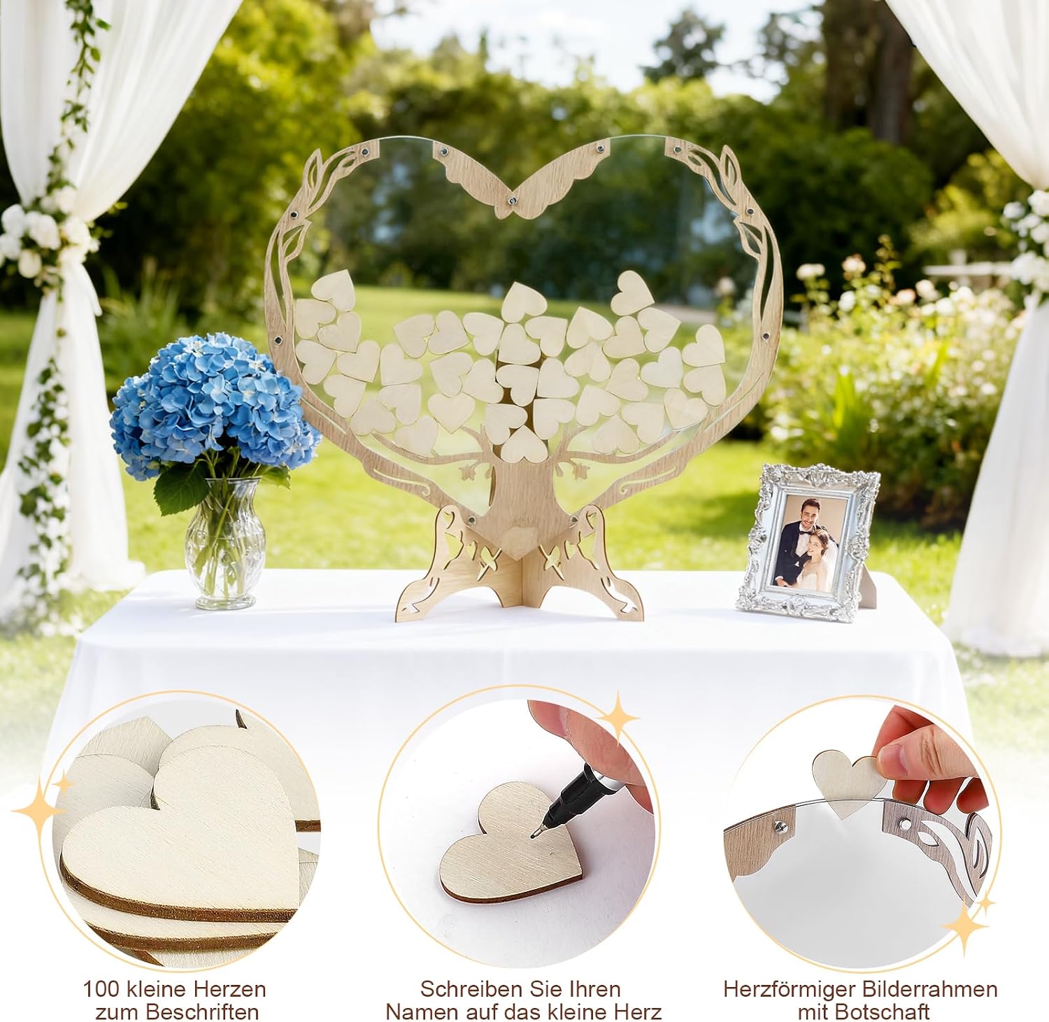 Thumbnail 2 de Eirolace Set Decorazioni Matrimonio Cuore in Legno: 100 Cuori, Scatola Portaoggetti e Libro degli Ospiti