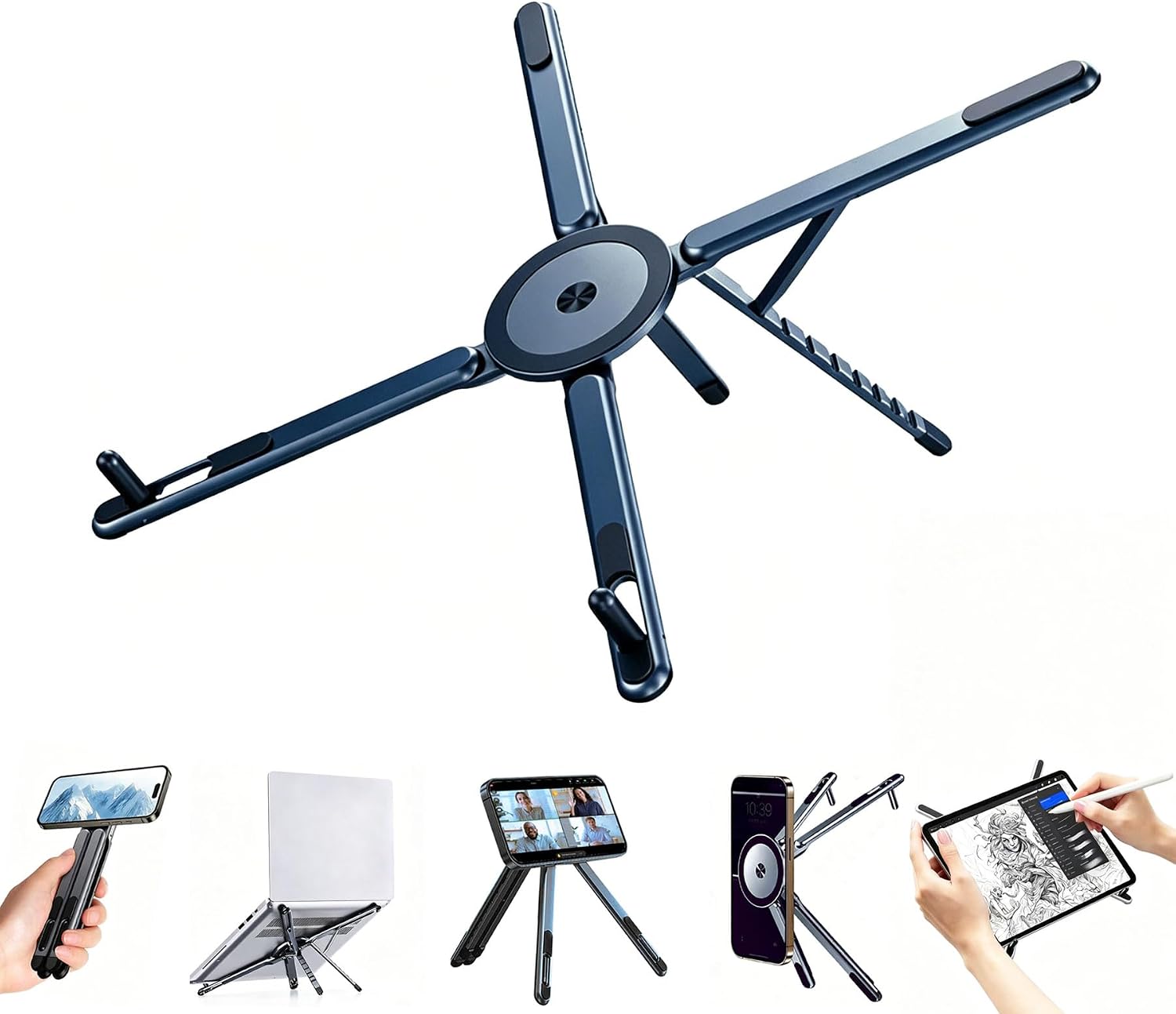 Detalle de Magnetischer 3-in-1 Laptopständer & Tablet-Ständer aus Aluminium – kompakt, flexibel und reisefreundlich (Dunkelblau)