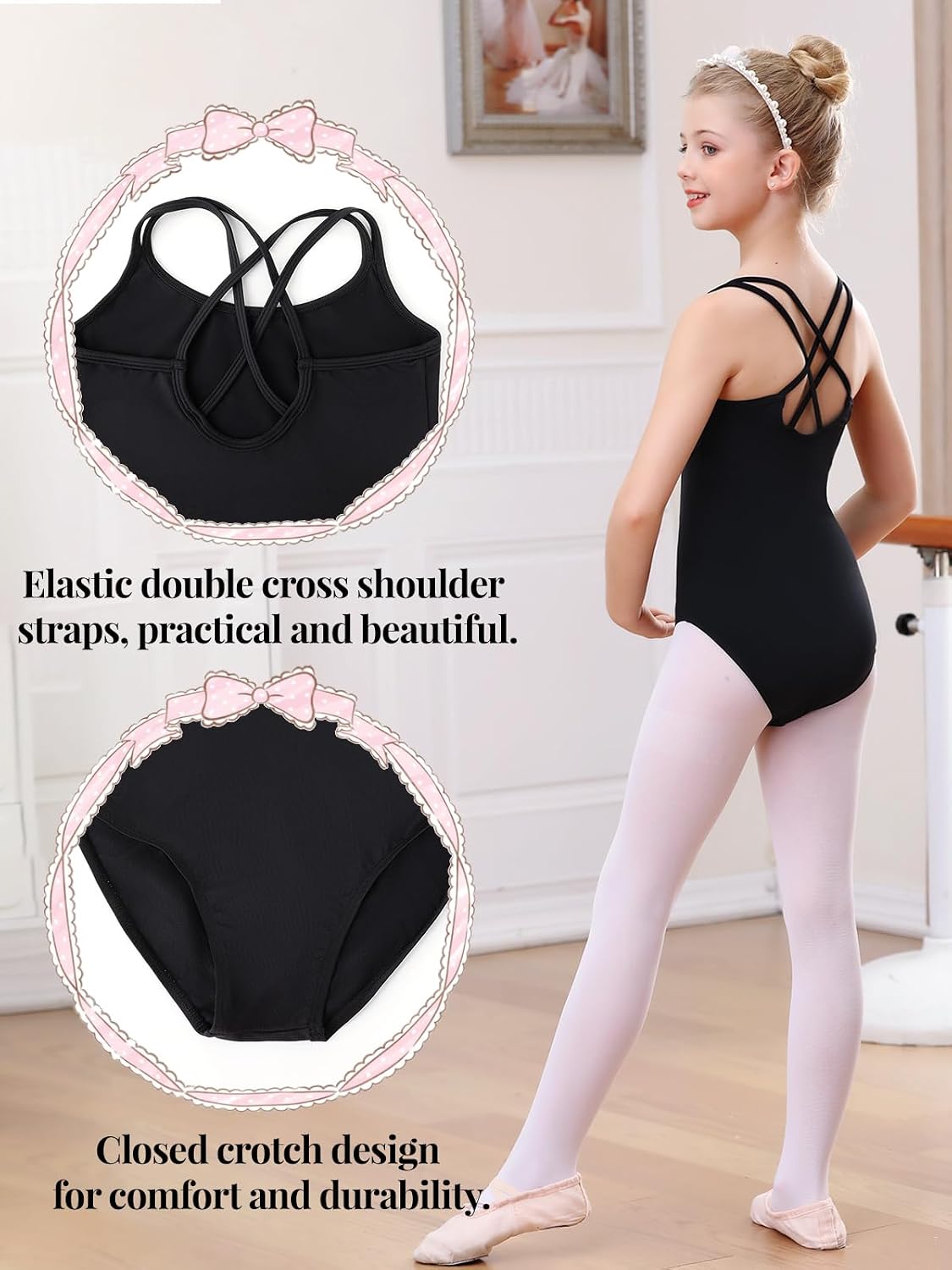 Detalle 2 de Kefiyis Justaucorps noir pour filles (3 à 13 ans) — coupe dos croisé et tissu stretch