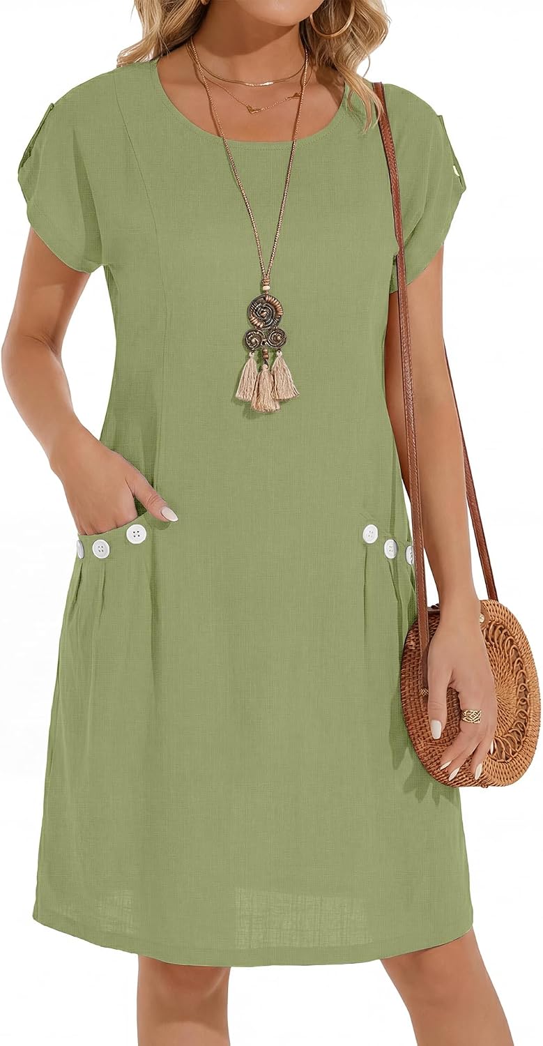 Detalle de YYIDATON Sommerkleid Damen mit Leinenmix, Rundhals und Knielänge im A-Line-Style