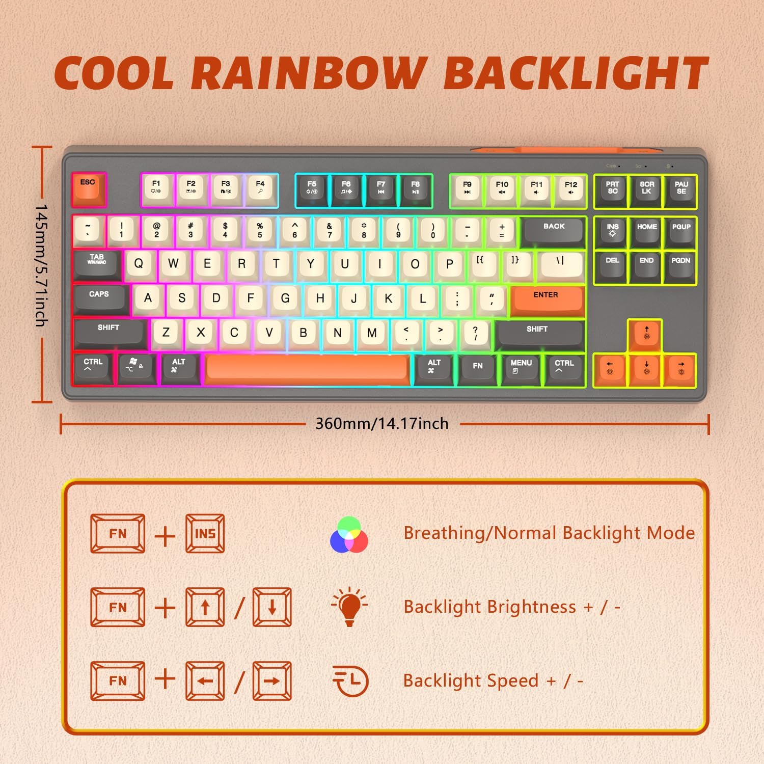 Detalle de ATTACK SHARK X FREEWOLF M87 tastiera wireless 80% QWERTY PBT doppia connettività Bluetooth/2.4Ghz RGB SA Grigio/Arancio