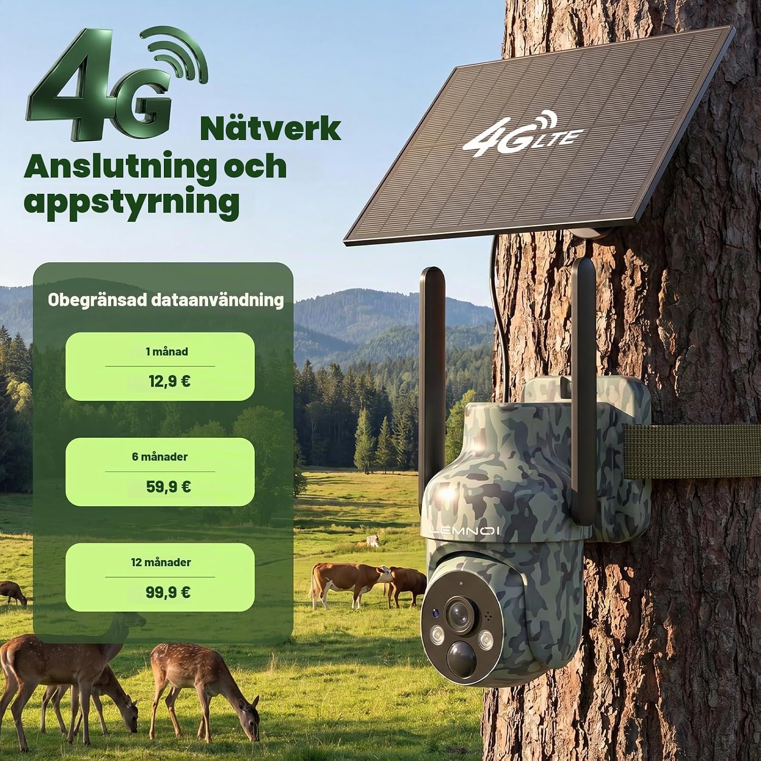 Detalle de Lemnoi 4G-jaktkamera med 2K-färgseende, solpanel och personföljning