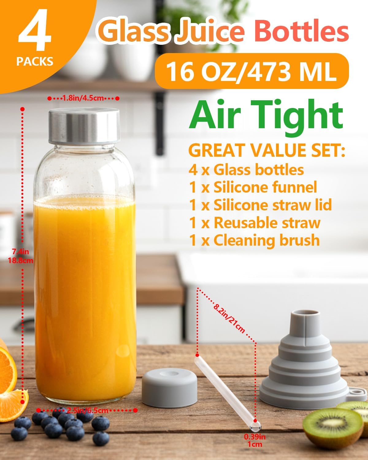 Detalle 2 de Zukro 16oz glass bottles, Set of 4 with Stainless Steel Lids