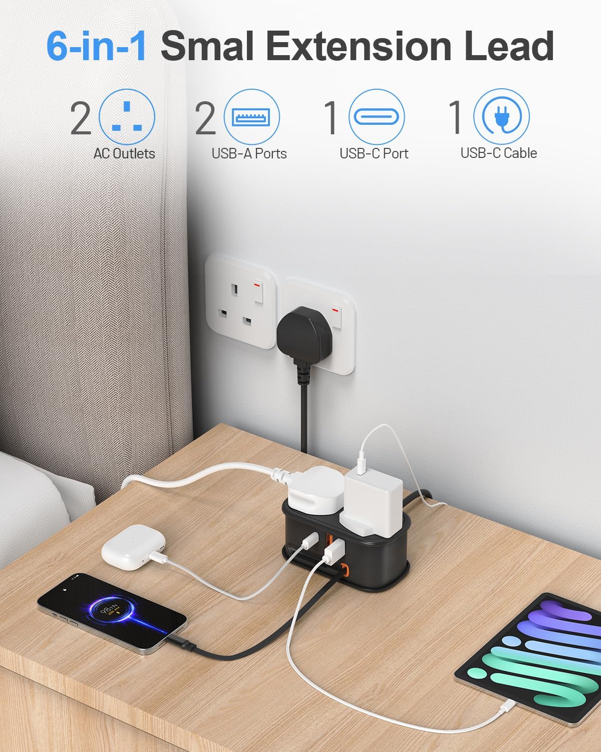 Detalle de FDTEK Travel Extension Lead (2-way power strip with retractable USB-C cable and 3 USB ports) – 1.5m UK travel extension