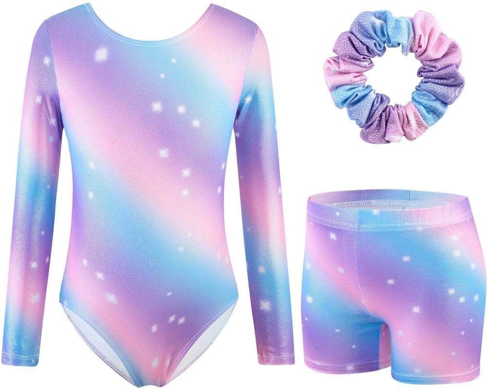 Thumbnail 5 de XiaoMoSha Girls Three-Piece Gymnastics Leotards Set: Long Sleeve Leotard, Shorts & Hairband (3–12 Years)