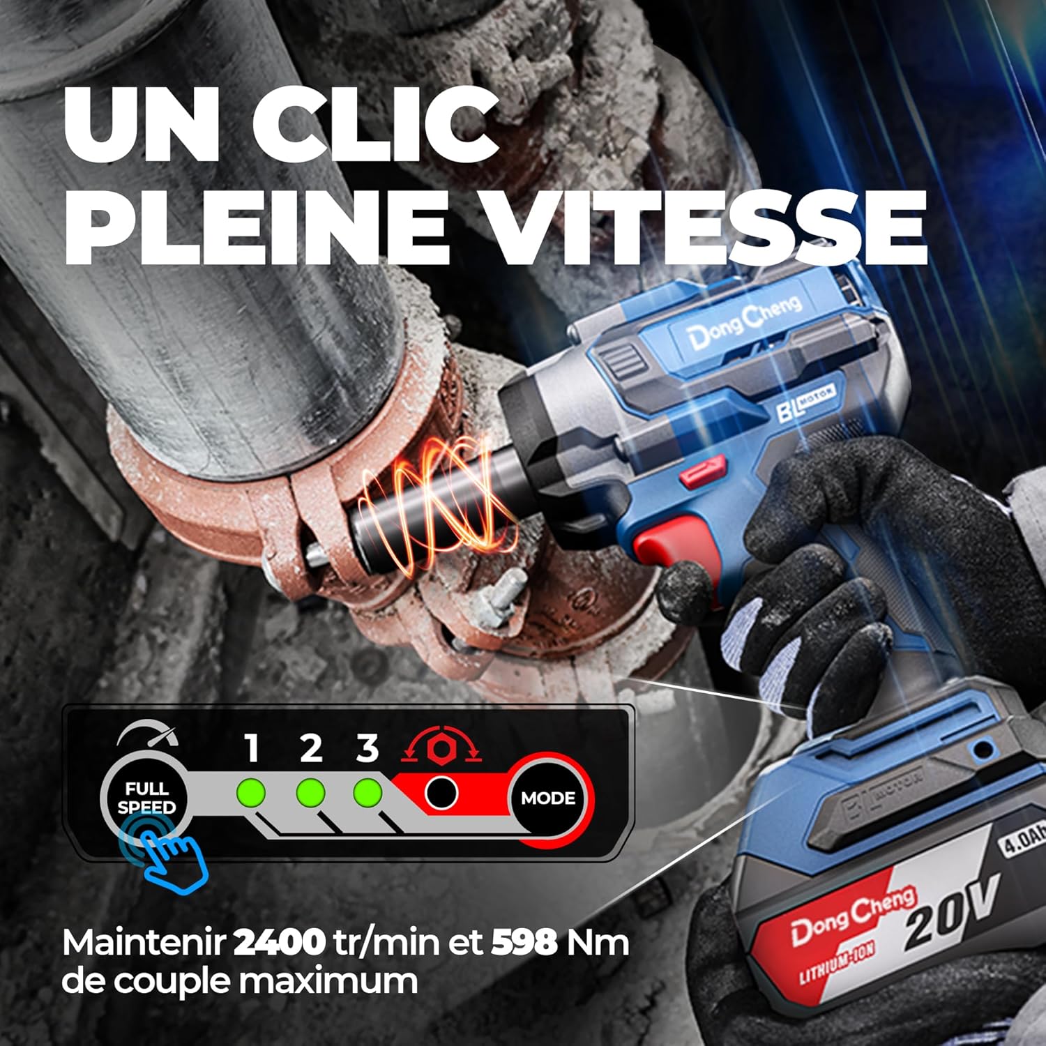 Thumbnail 3 de Clé à chocs sans fil Dong Cheng 18V sans balais – 598 Nm, 4 vitesses, kit complet