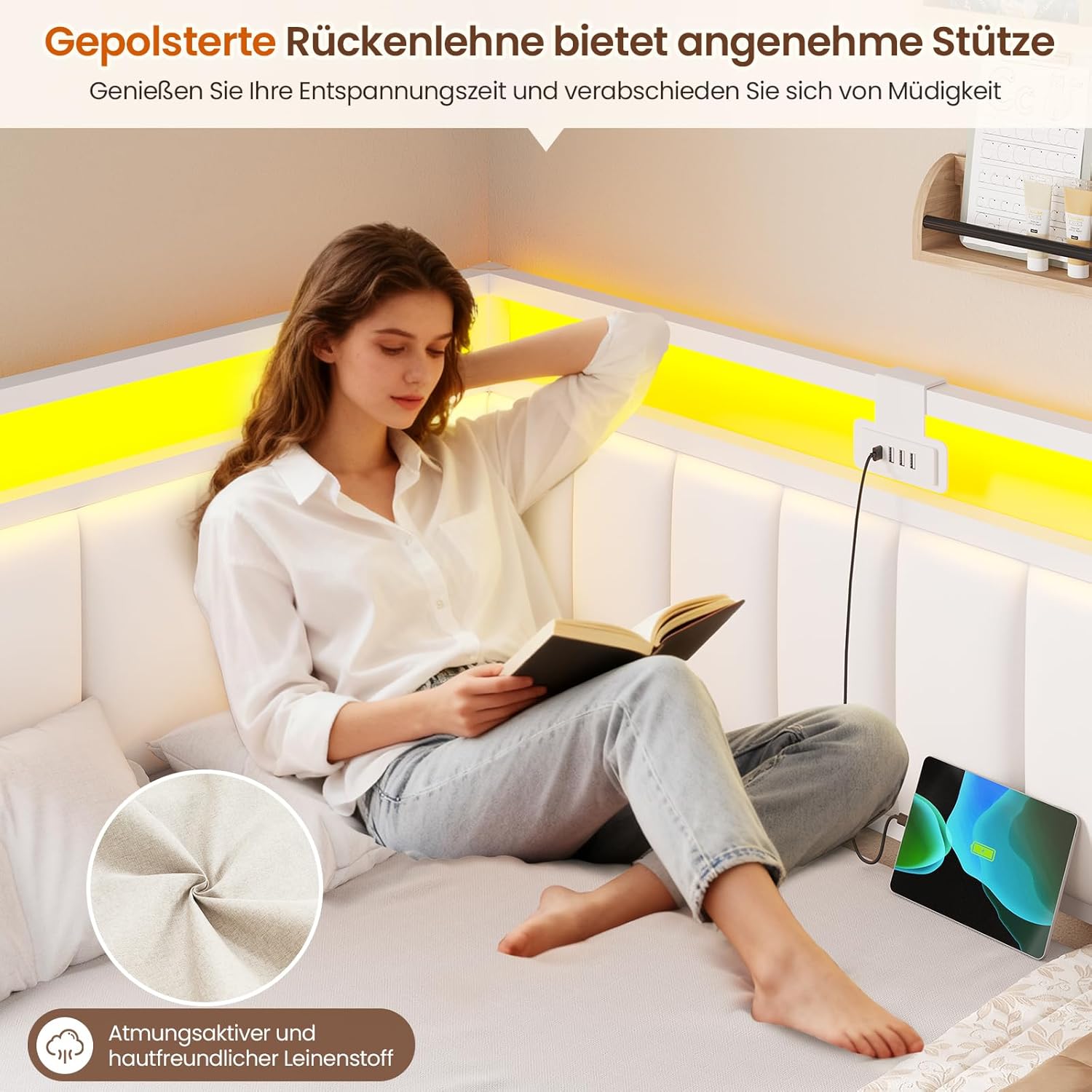 Detalle de DICTAC Jugendbett 90x200 mit LED-Beleuchtung und USB-Ladestation – Schlafsofa, Eckdesign aus Metall mit zwei Schubladen