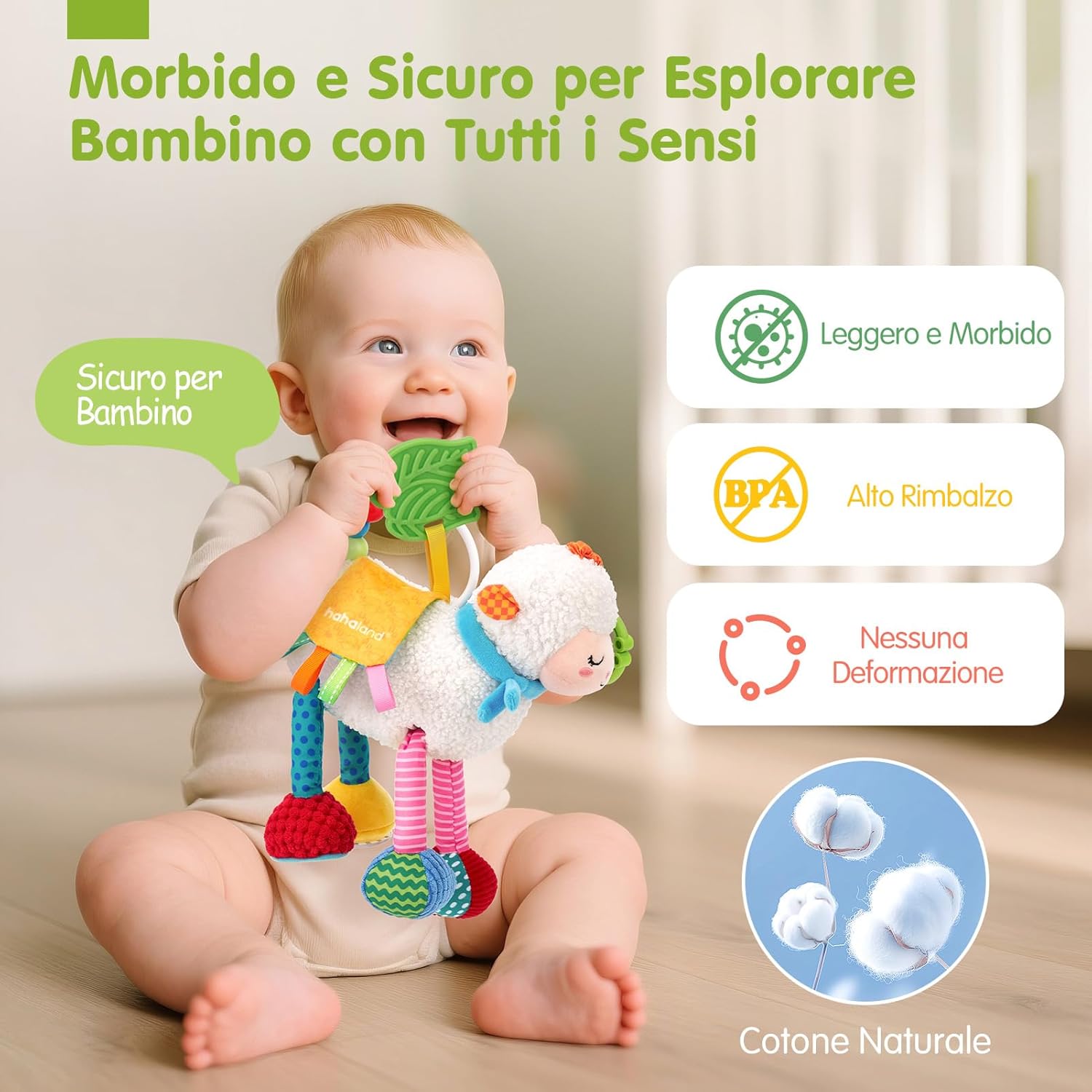 Thumbnail 6 de Hahaland Giochi Neonato 0-3 Mesi con 4 Brani Musicali, Sonaglio e Specchio a Pecora