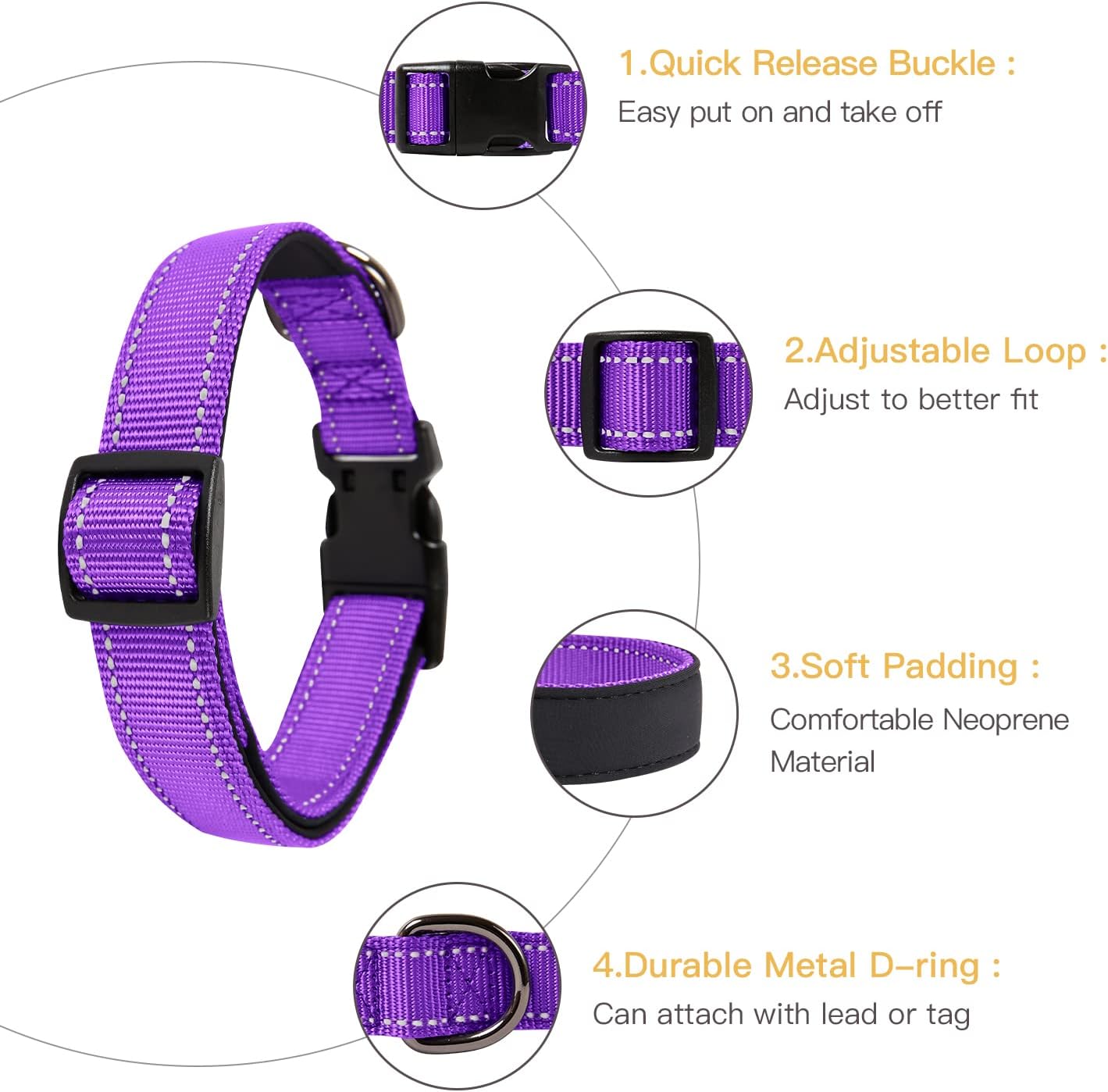 Detalle de HEELE Reflective Dog Collar with Soft Neoprene Padding (M, Purple)