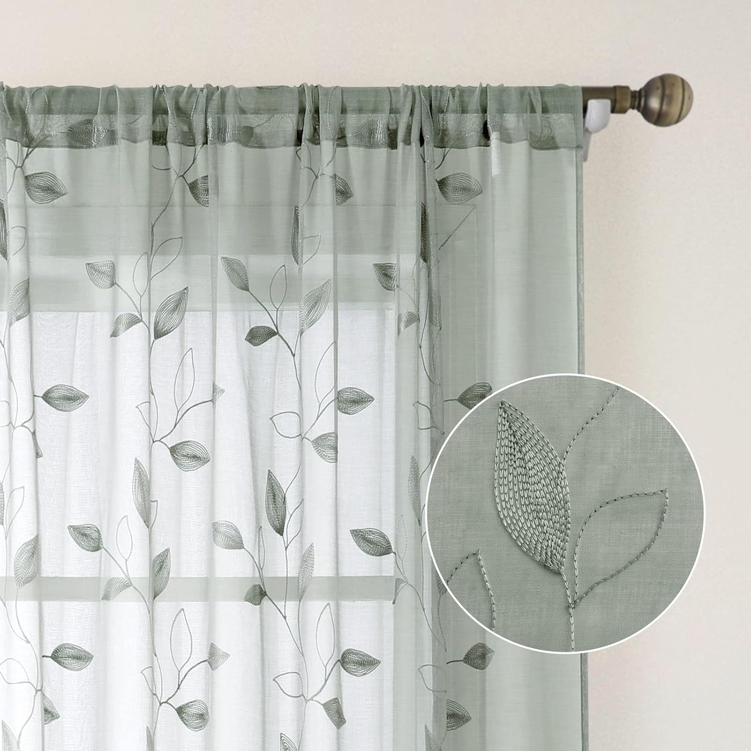 Thumbnail 4 de HOMEIDEAS 2 Sheer Curtains, Sage Green Embroidered Leaves, 52 x 84 Inches