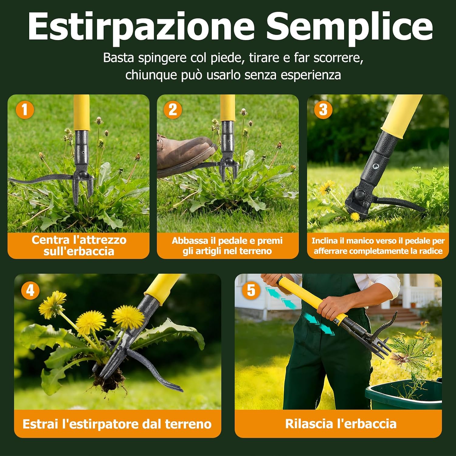 Thumbnail 6 de Estirpatore per Erbacce e Denti di Leone, 109 cm, con 4 Artigli in Acciaio e Sistema di Espulsione a Scorrimento