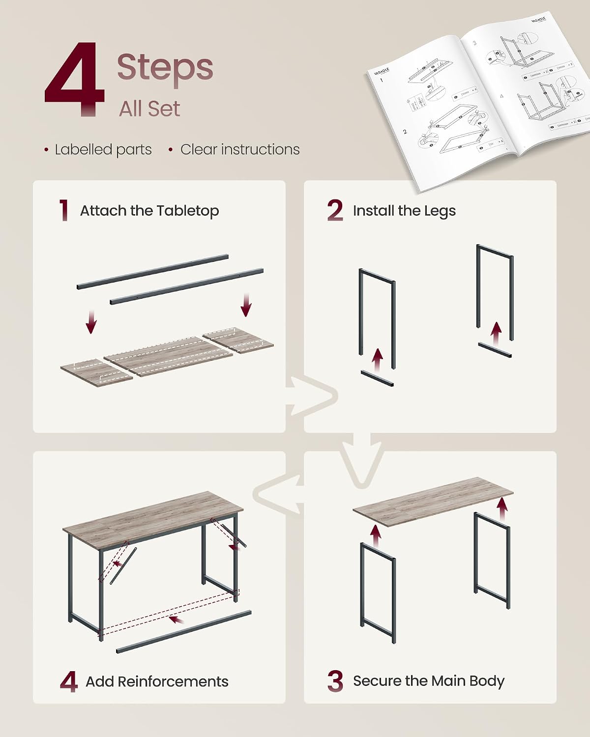 Detalle de VASAGLE LWD214L101 Computer Desk, 140 x 50 x 76 cm with Adjustable Feet