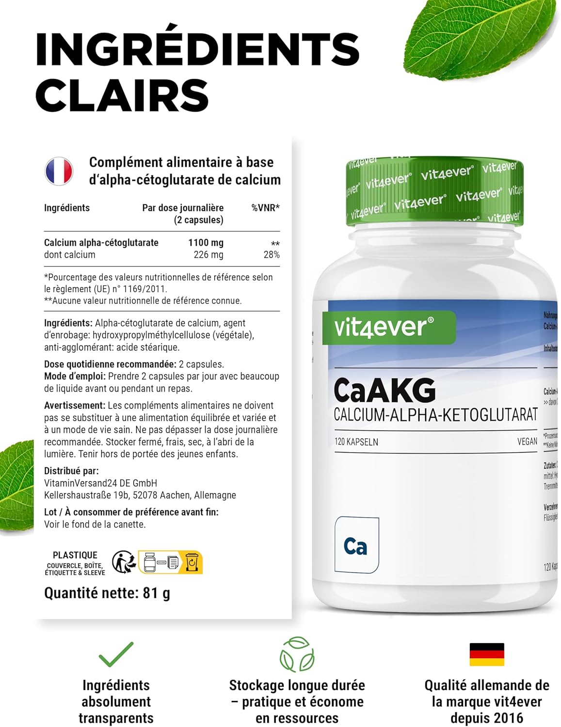 Detalle de CaAKG - Calcium Alpha-Cétoglutarate 1100 mg par dose, 120 gélules | Vit4ever