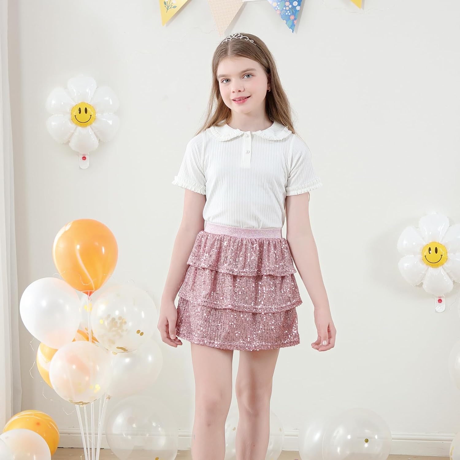 Detalle de Bezioner Girls Sequin Skirt – Layered Glitter Ruffle Skirt for Kids (5–14 Years)