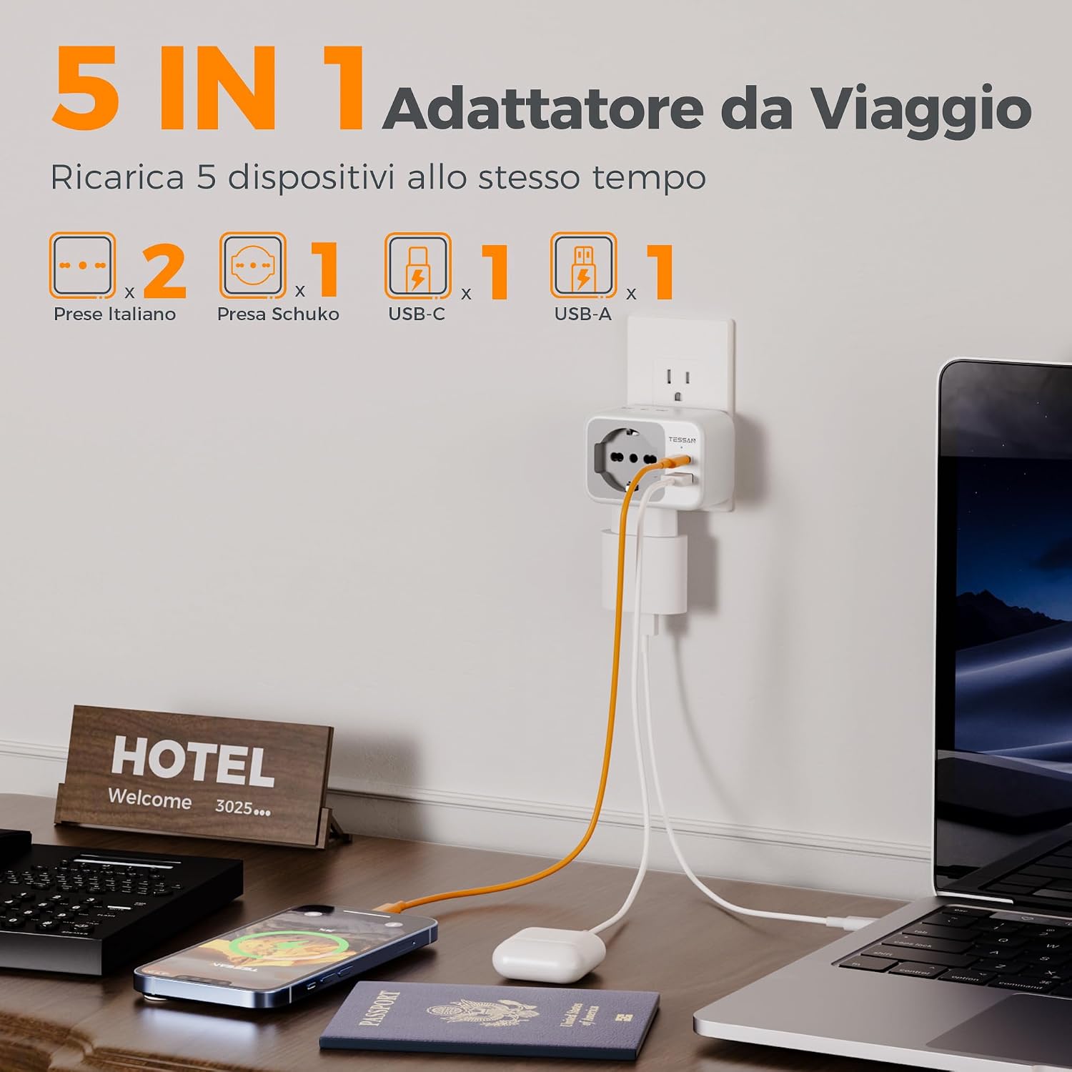 Thumbnail 2 de TESSAN Adattatore Presa Americana con USB-C: 2 prese IT, 1 Schuko, Tipo B