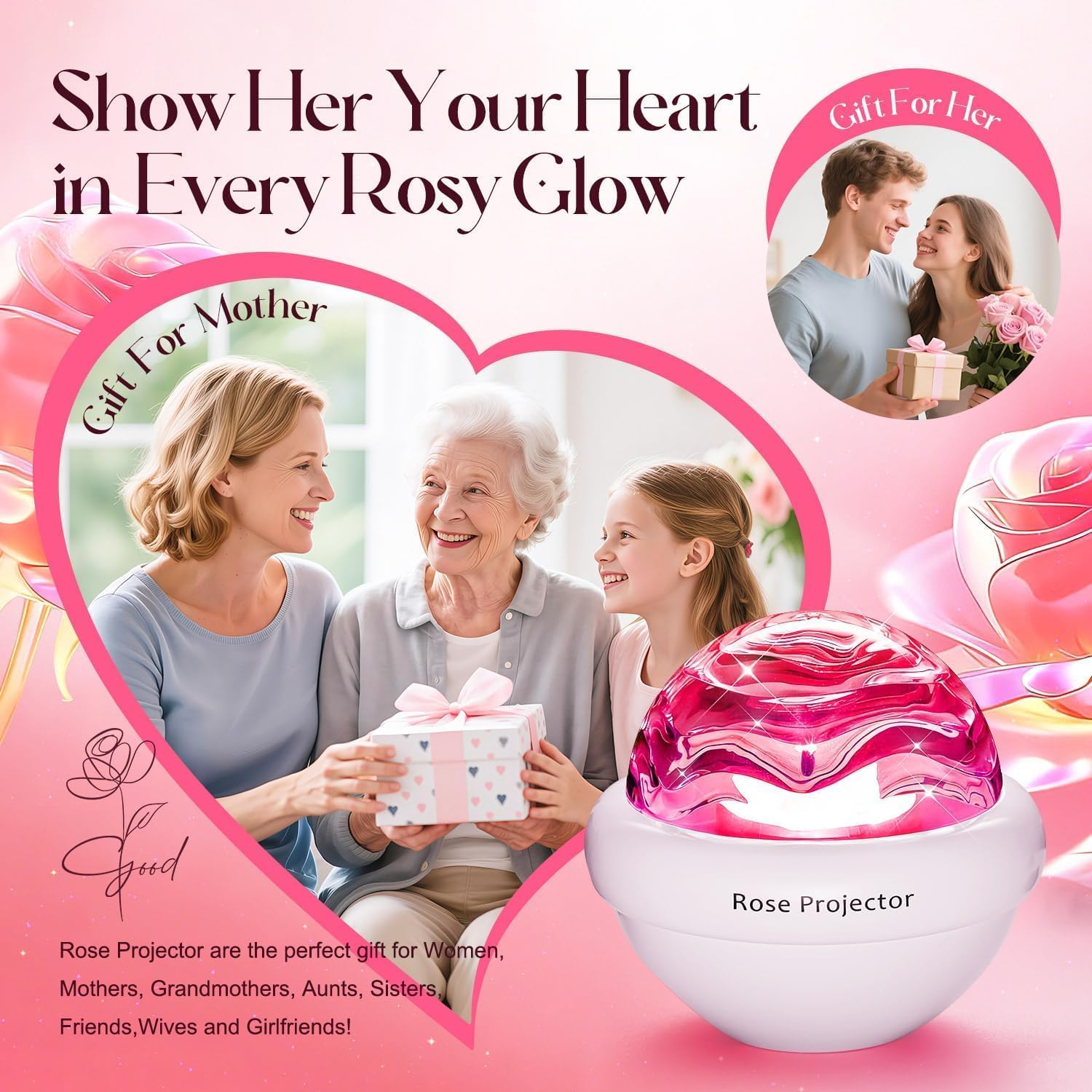 Thumbnail 5 de PIKOY Rose Sunset Lampe: Polarlicht-Projektor mit Rosenmuster für Teens – 15 Farben, Timer und dimmbare indirekte Beleuchtung