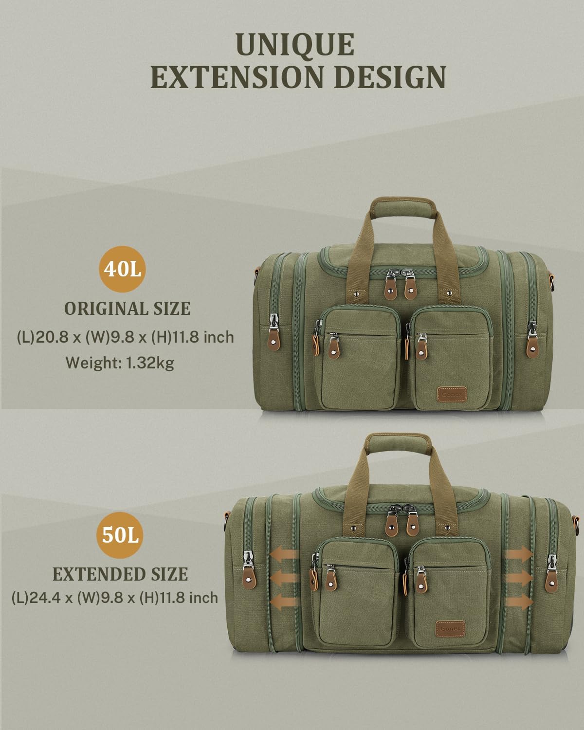 Thumbnail 2 de Gonex 50L Expandable Canvas Duffle Bag for Travel – Water-Resistant Weekender with Wet/Dry Pocket and Suitcase Sleeve