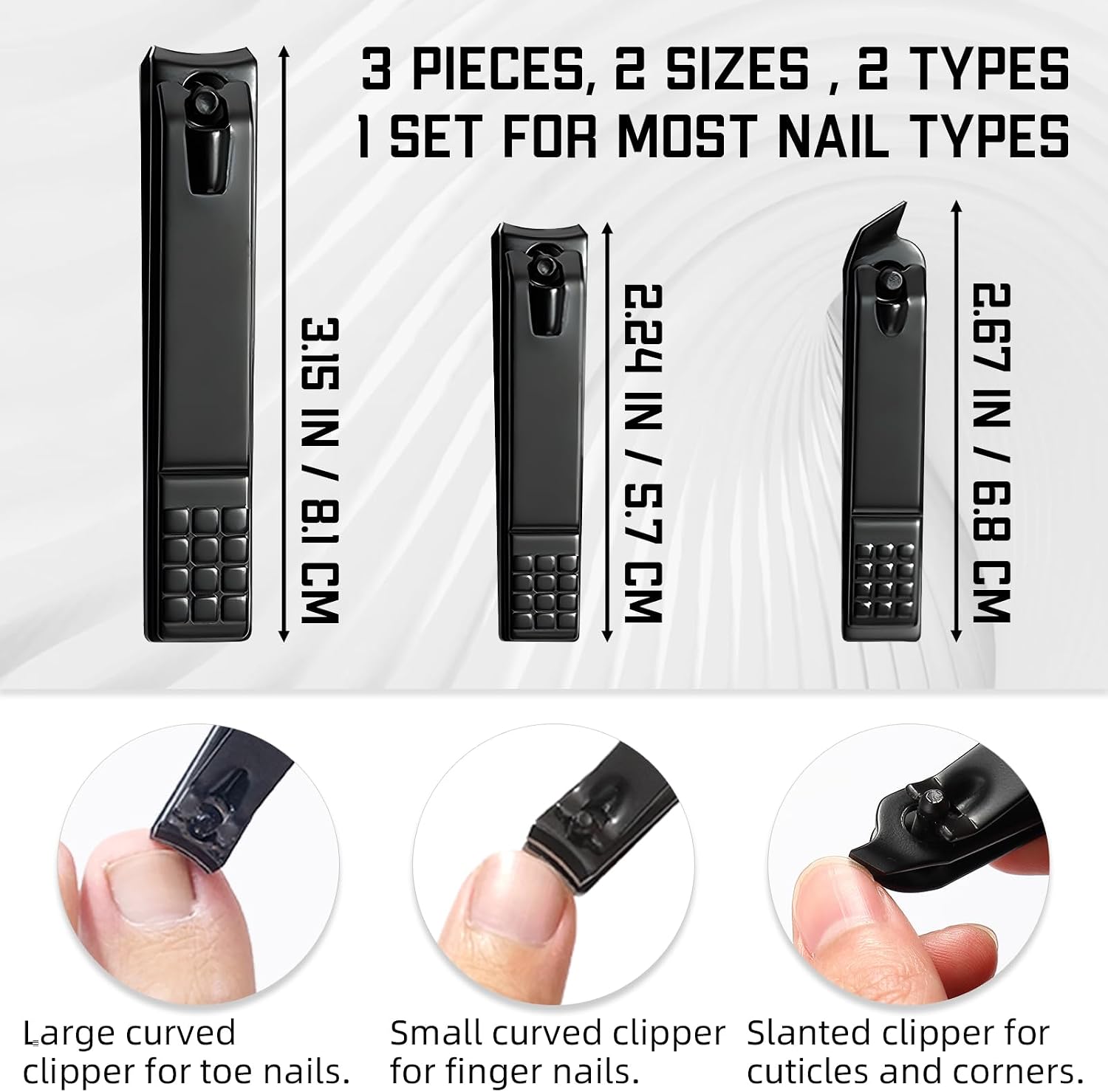 Detalle 2 de AW union Lot de 3 coupe-ongles Nail Clippers Set, 3-Piece Black Stainless Carbon Steel