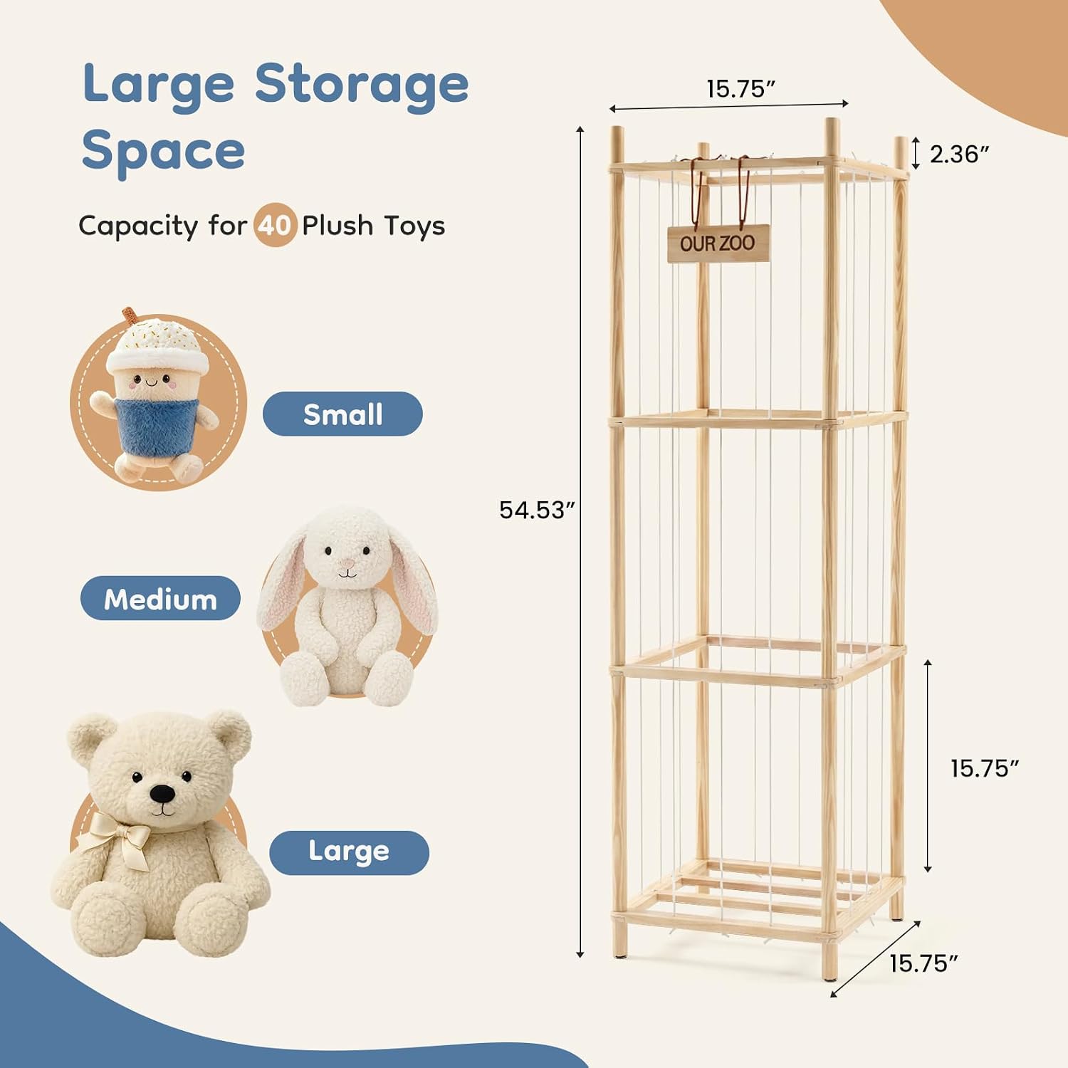 Detalle de DUMOS Stuffed Animal Organizer, Pine Wood