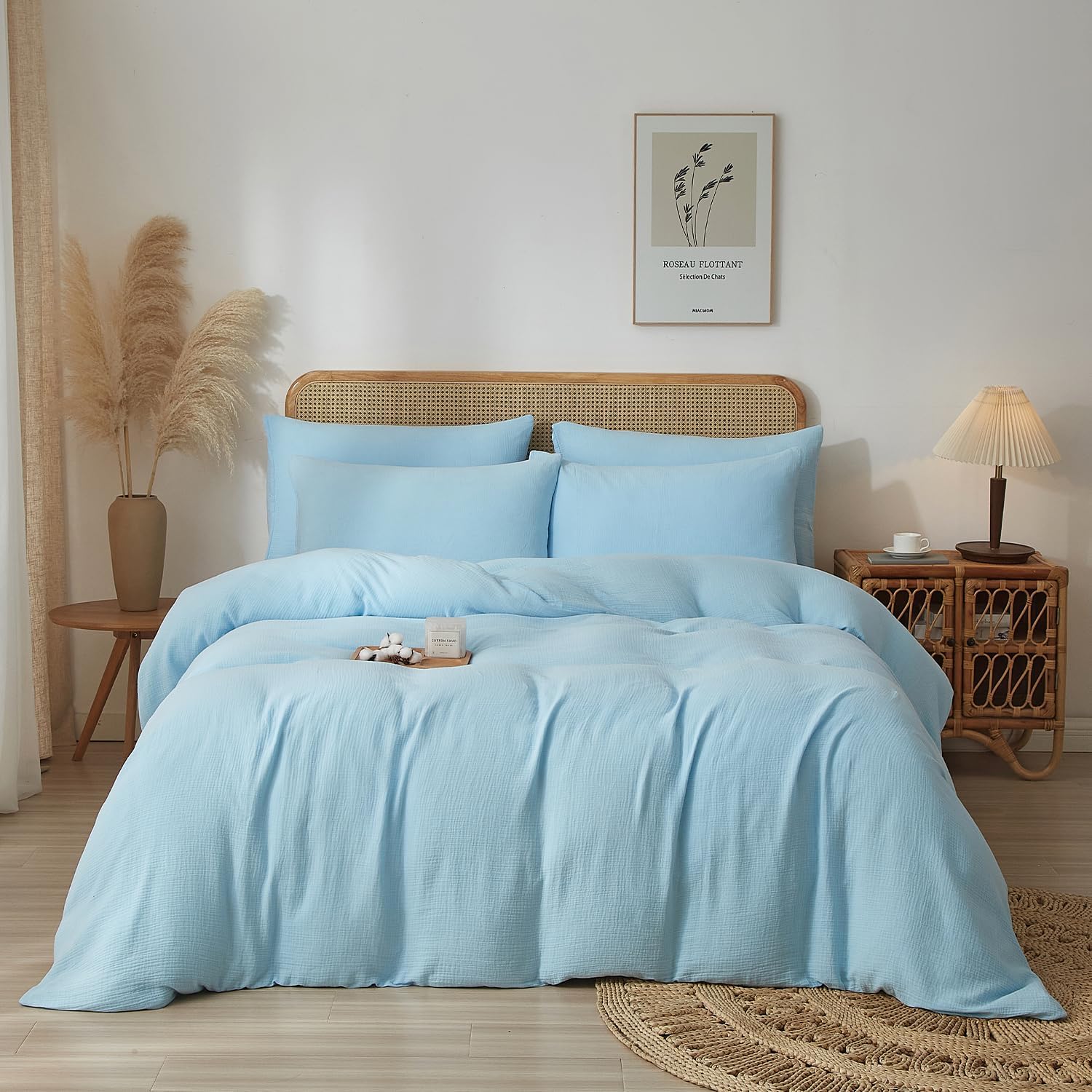 Thumbnail 1 de Luofanfei Housse de Couette en Gaze de Coton 240 x 220 cm – Bleuet Clair, Ensemble 2 Personnes + 2 Taies 65 x 65 cm