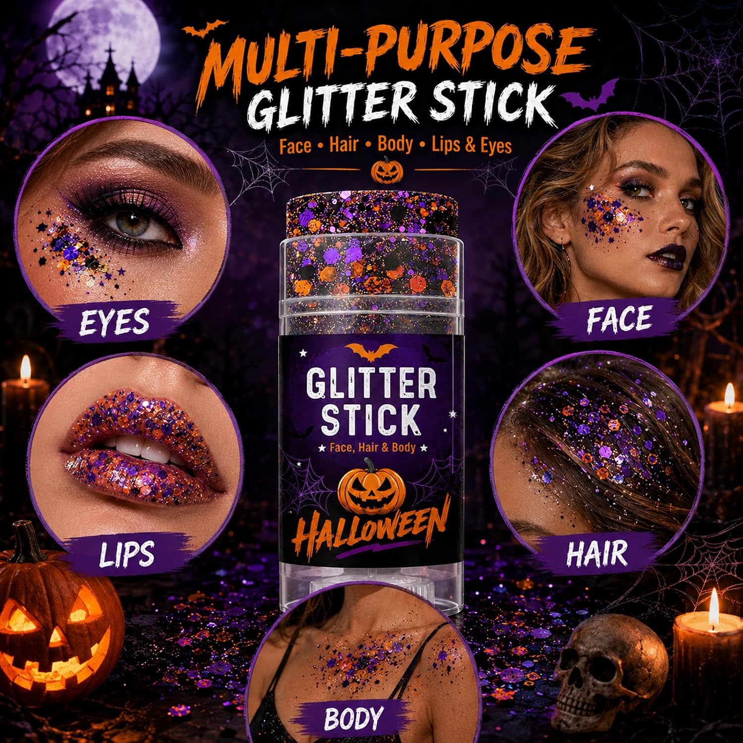 Detalle de Sulily Body Glitter Stick for Face, Hair & Body, Orange, Purple & Black