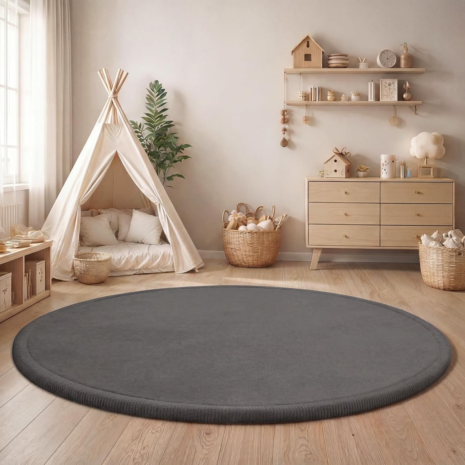 Detalle de Paco Home Rund-Teppich Kinderzimmer 160 cm in Grau – weiche Krabbeldecke für Baby & Spielbereich