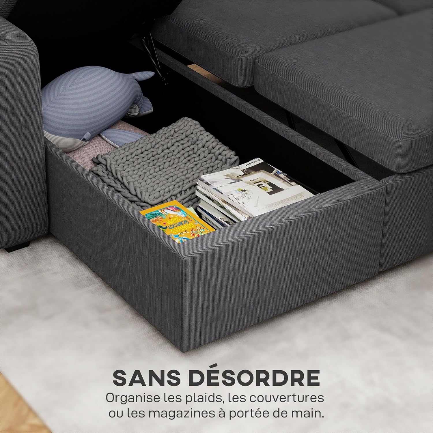 Detalle de HOMCOM Canapé d'angle Convertible Réversible en Velours Côtelé – Canapé-Lit 3 Places 205 cm avec Chaise Longue et Rangement, Gris