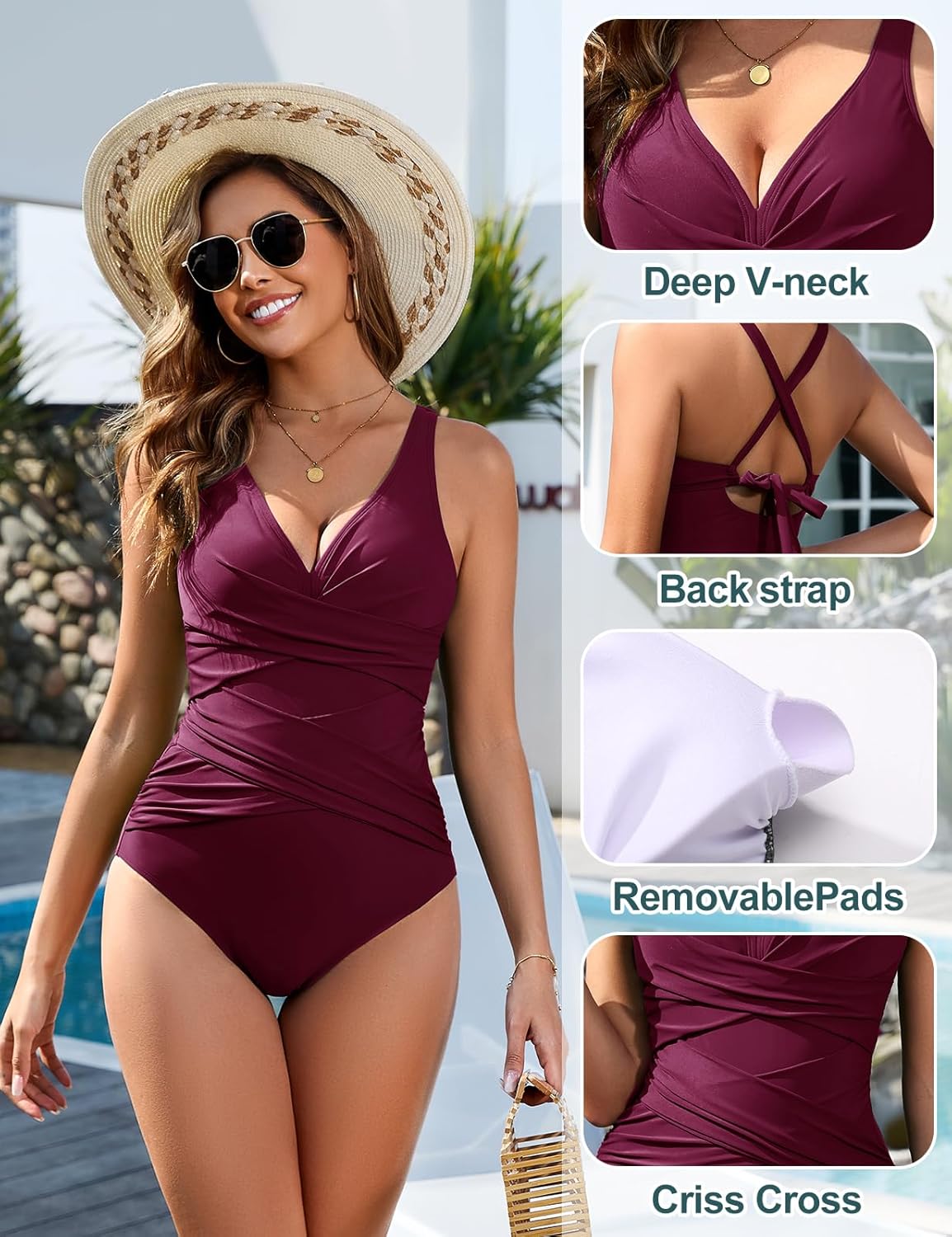 Thumbnail 4 de Vancavoo Costume intero donna push up con controllo pancia e scollo a V curvy