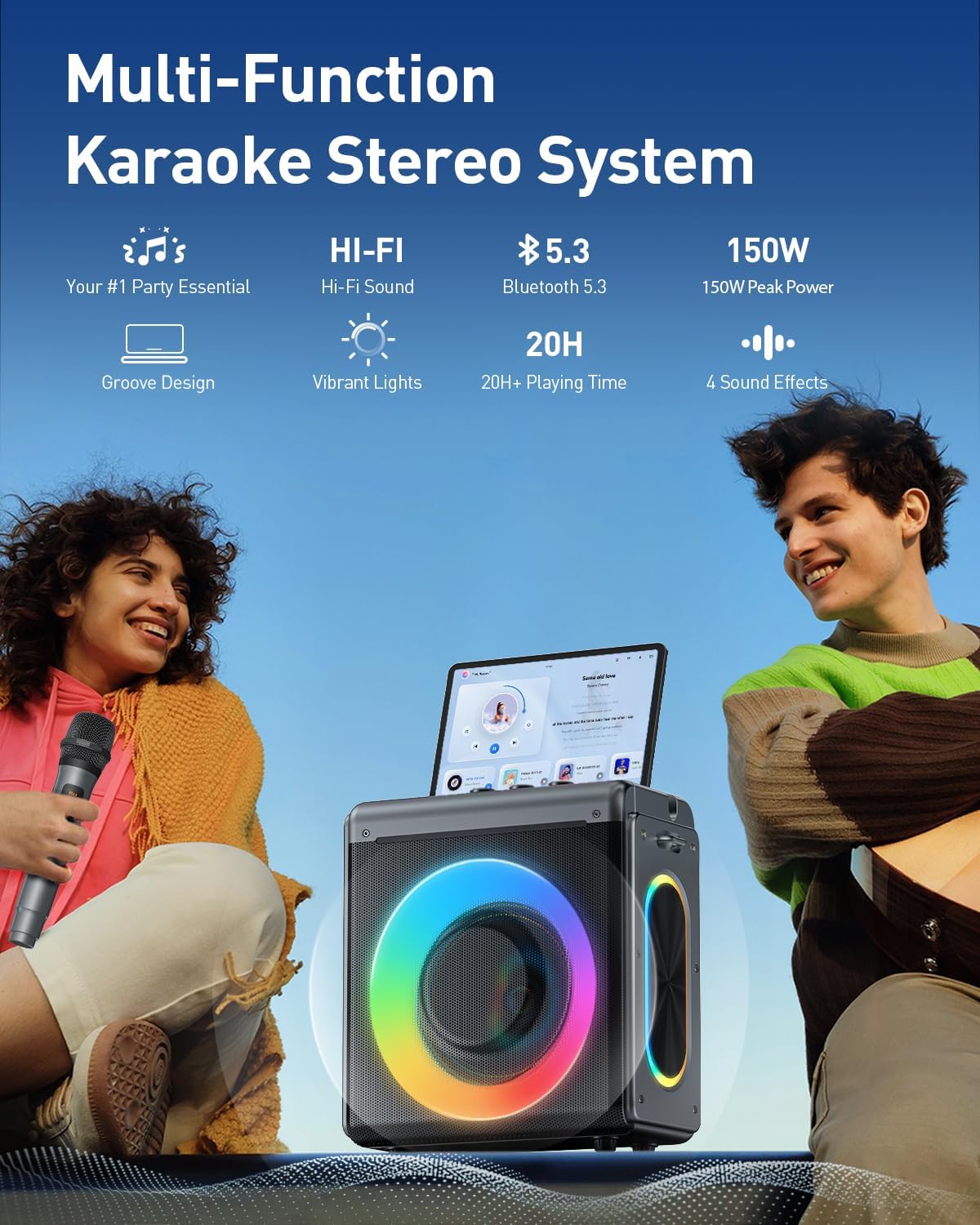 Detalle 2 de VERKB T-09 Karaoke Machine, 150W Peak, Bluetooth 5.3, Two Wireless Mics