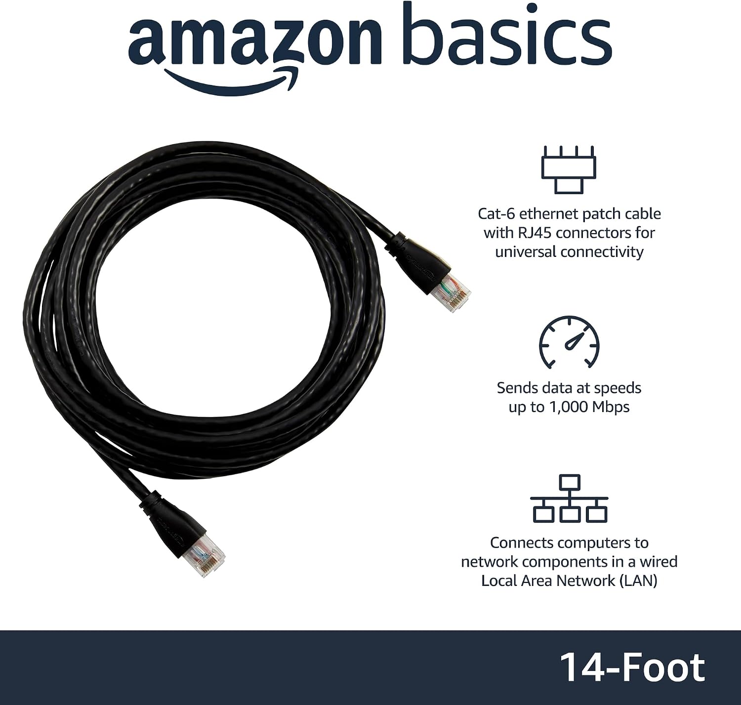 Detalle 2 de Amazon Basics RJ45 Cat-6 Ethernet Patch Cable (14 ft / 4.3 m) – Black, 10 Pack