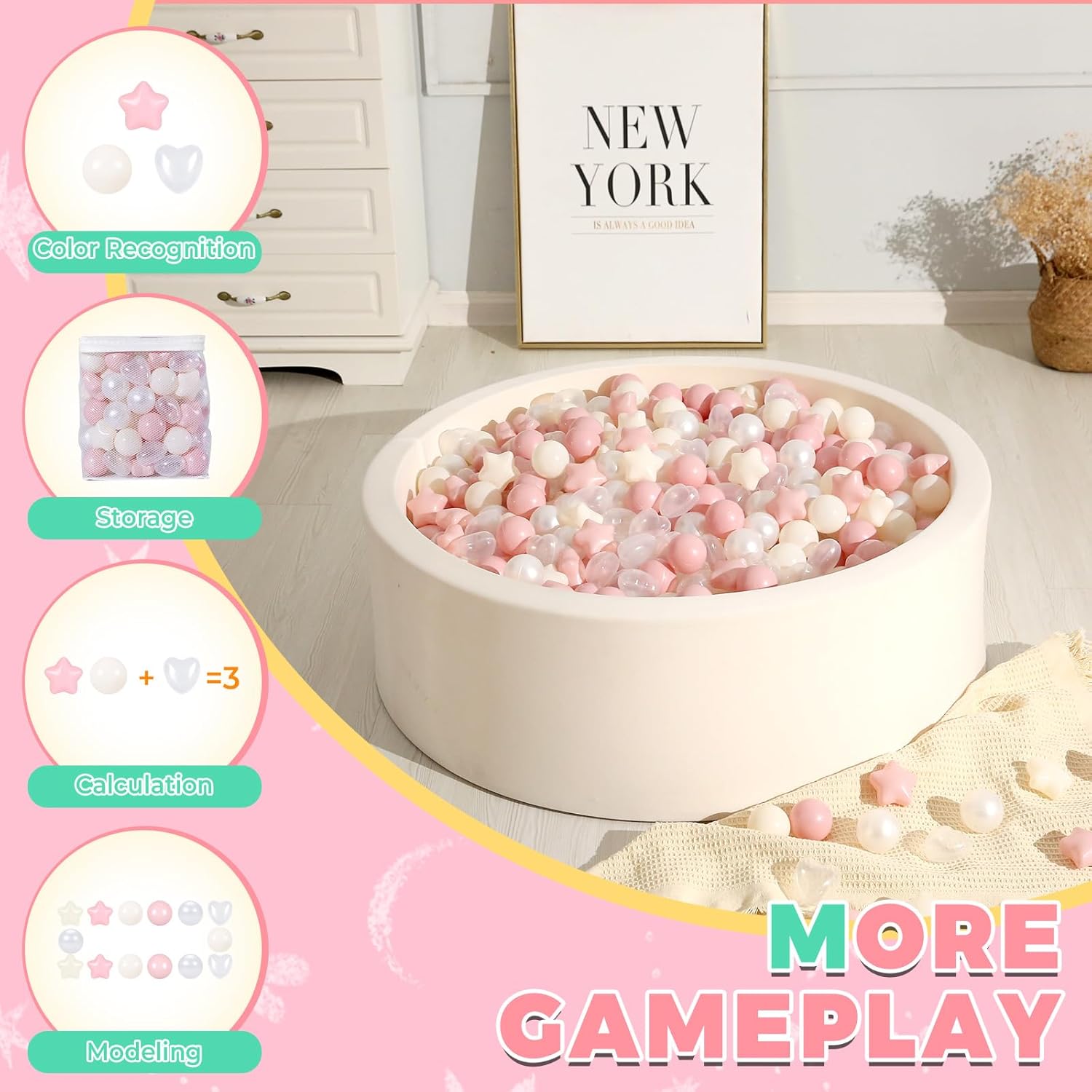 Thumbnail 4 de TRENDPLAY Ball Pit Balls Star and Heart Shapes — 200 Count (2.5" Stars, 2.2" Balls) in Cream Pink Beige Pearl White Clear